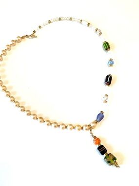 Pearl and Multicolor Glass Bead Pendant Necklace - Women Jewelry